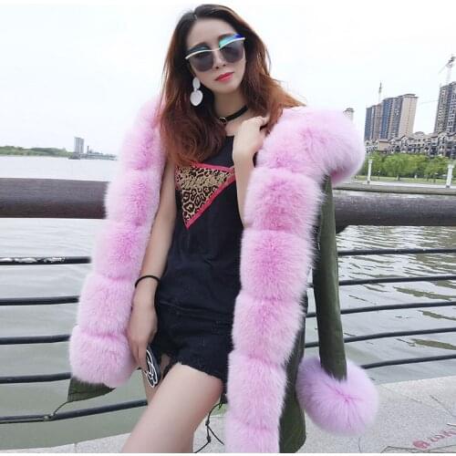 Brand style womens army green Large color natrual fox fur hooded coat parkas outwear long detachable lining winter jacket