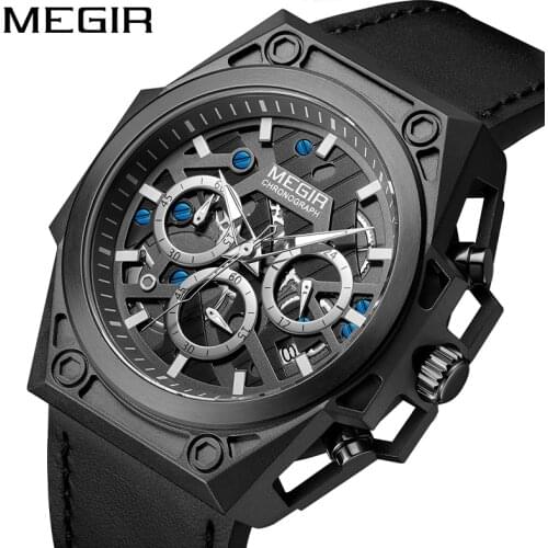 MEGIR Official Black Stainless Steel Men Watches 2020 Luxury Waterproof Sport Wrist Watches for Men Military Watch Gift Clocks