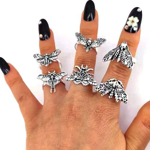 Hzew 5pcs Resizable Death Head Skull Butterfly Moth Ring Creativity Gift For Women Men