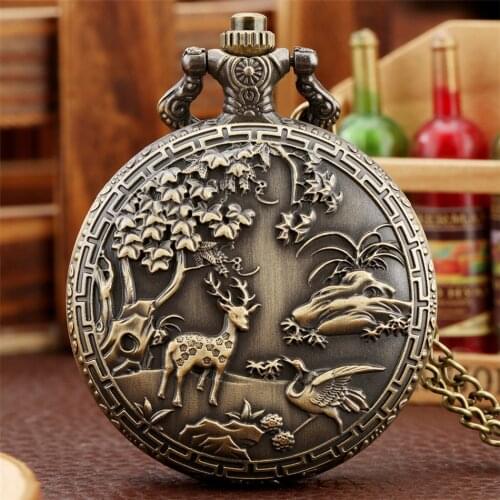 Exquisite Bronze Elk Design Quartz Pocket Watch Vintage Necklace Watch Fob Chain Pocket Clock Gifts