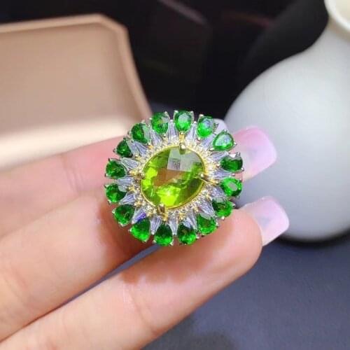 Natural Peridot Ring, Simple Style, Peridot Ring Around with Diopside , Ladies Ring, 925 Silver Custom Number