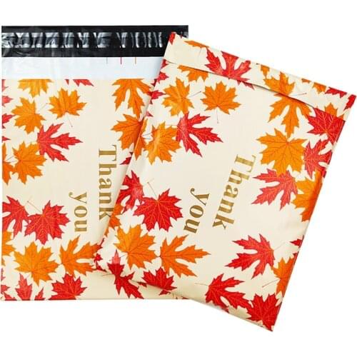 50Pcs Express Bag Thank You Shipping Mailing Bag Maple Leaf Print Poly Mailers Self Seal Plastic Packaging Envelopes 25.5x37cm