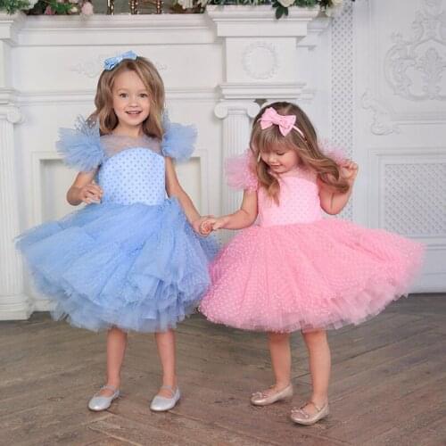 Summer Children Girls Dresses Party Wedding Birthday Tutu Dot Puff Sleeve Casual O-neck Ankle -Length Ruched kids dress