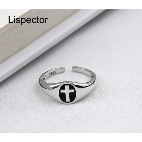 Lispector 925 Sterling Silver Holy Cross Signet Ring for Women Christian Prayer Black Cross Cocktail Rings Unisex Jewelry Gifts