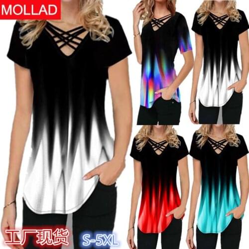 Foreign Trade 2021 Europe and America Cross Border Womens New Gradient Printing Fashion Casual Short Sleeve V-neck T-shirt
