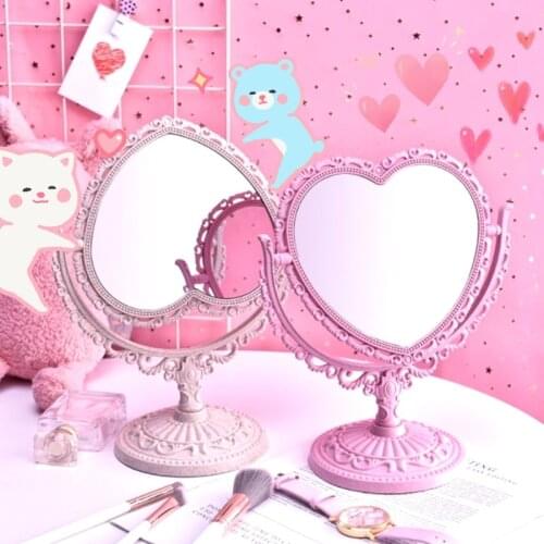 Multifunctional Desktop Makeup Mirror Creative Heart-Shaped Desktop Turntable Dressing Mirror Retro Court Style Home Decorative