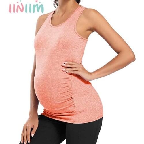 Maternity Clothings Plus Size Tops Womens Pregnant Workout Athletic Yoga Tank Top Pregnancy Racer Back Side Ruched Casual Tops