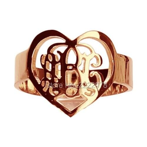 Personal Monogram 925 Solid Silver Rings Heart Symbol with3 Script Hand Initials Cut out Rings Women