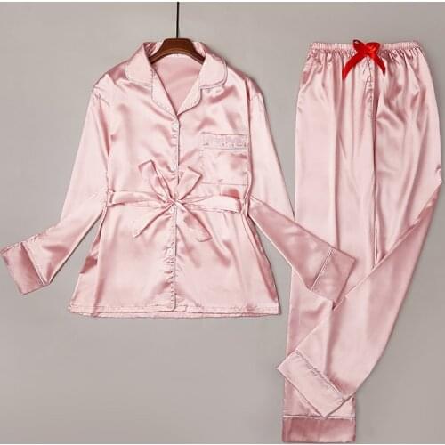 Red Pajamas Set Women Sexy Female Pyjamas Full Sleeve Shirt Pants Lingerie Homewear Solid Color Belt Fashion Sleepwear