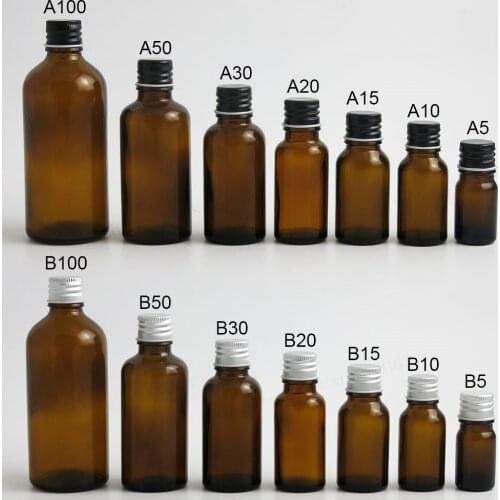Empty amber glass essential oil bottle containers with aluminum cap with insert 5ml 10ml 15ml 20ml 30ml 50ml 100ml 12pcs