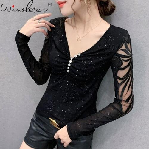 Spring Fall European Clothes T-Shirt Girls Fashion Sexy Shiny V-Neck Button Patchwork Mesh Women Tops All Match Tees New T11501A