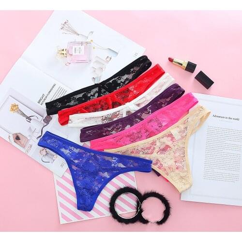 Womens Full Lace Thongs Low Waist Sexy Underpants T-back Female G-String Hollow Out Solid Color Pant Sexy Transparent Underwear