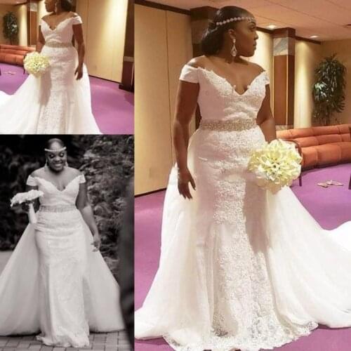 African Plus Size Wedding Dresses With Detachable Train Off The Shoulder Lace Crystal Belt Garden Mermaid Wedding Dress Lace