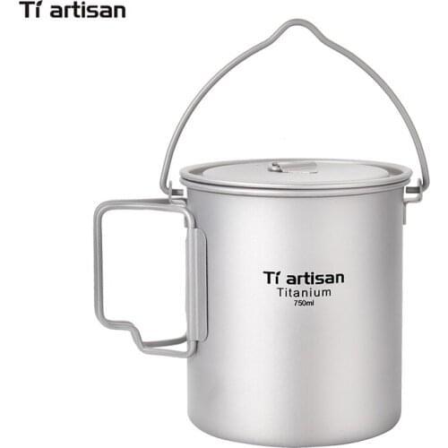 Tiartisan 750ml Titanium Pot Titanium Water Mug Cup with Lid and Foldable Handle Outdoor Camping Cookware Pot Picnic Hang Pot