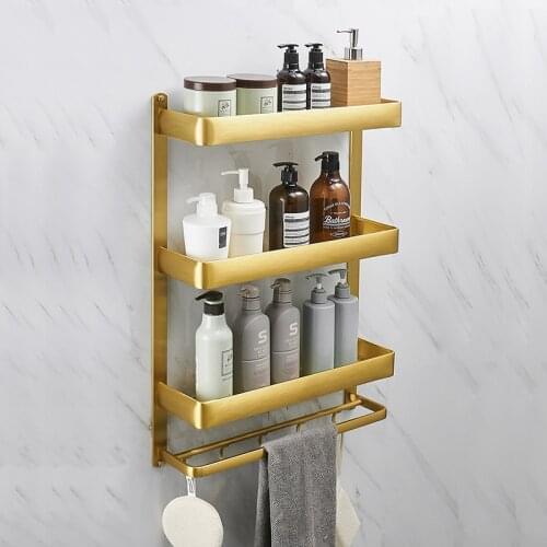 Gold 50cm 3 layers Towel Rack with Hook Floating Shelf Shower Caddy Rack Set Wall Mount Sapce Aluminum Bathroom Storage Rack