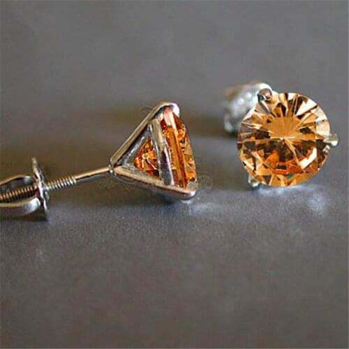 Female Vintage Small Screw Back Stud Earrings 6/7/8mm Champagne Round Stone Earrings Real 925 Sterling Silver Earrings For Women