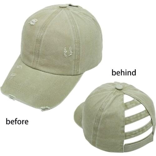 Women Vintage Distressed Washed Baseball Cap Hollow Ladder Ponytail Hole Dad Hat A0NF