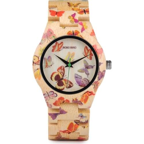 BOBO BIRD Bamboo Watch Women Designer Printing Quartz Movement Bamboo Strap Ladies Wristwatch B-O20