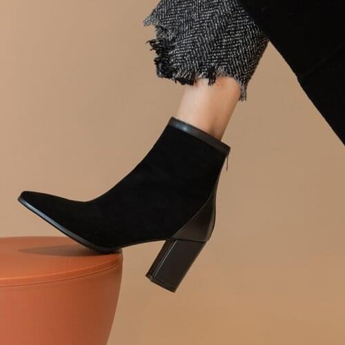 2020 New Stitching Flock Boots Women High Heels Thick Ankle Booties Female Zip Shoes Ladies Square Toe Shoes Winter