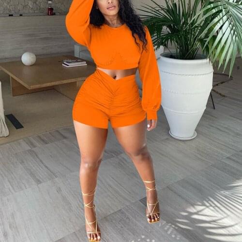 2 Pieces Shorts Women Long Sleeve Top T-shirt & Bodycon Pleated Shorts