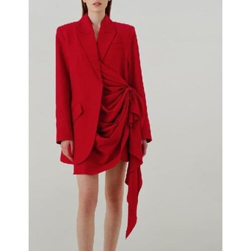 2020 Fashion Notched Collar Ruffled Irregular Suit Blazer Women Chic Medium Long Blazer Jacket