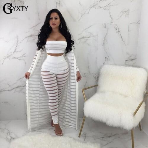 GBYXTY Sexy Club Outfits Three Piece Set for Women Autumn Tube Tops Pants and Trench 3 Piece Set Tracksuit Hollow Out Suit ZL365