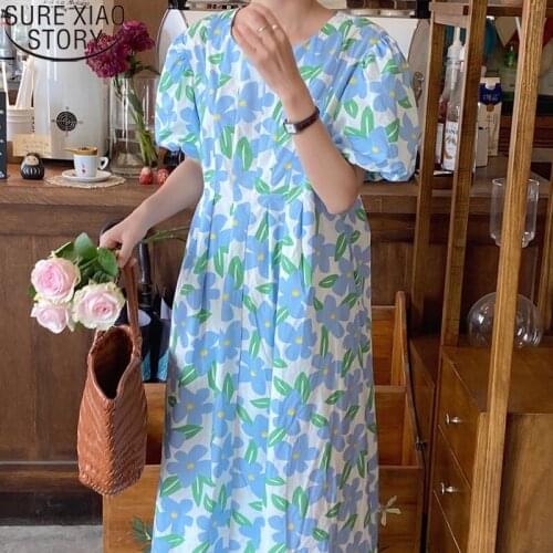 Korean Summer Dress 2021 New Round Collar High Waist Flower Dress Pleated Bubble Sleeve Dresses Women Vestido Feminino 14899