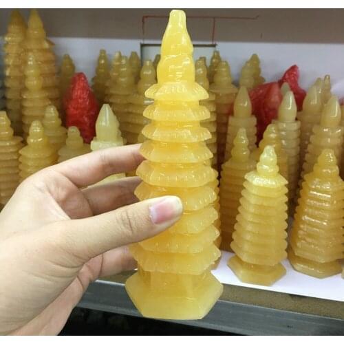 15cm natural yellow topaz buddhism temple pagoda Stupa dagoba statue