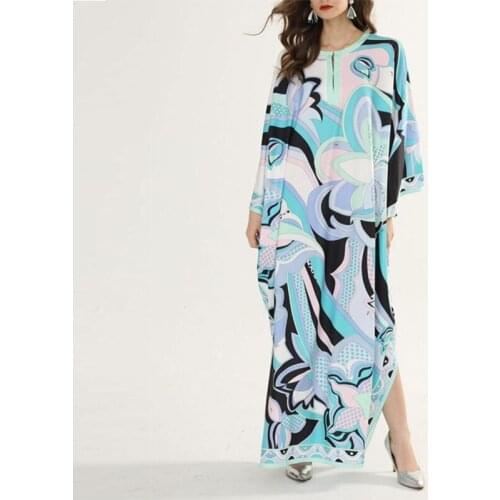 2021 Summer Bohemian Floor Length Loose Dress Women Knitting Silk Printed Elegant Long Dress Robe Gown