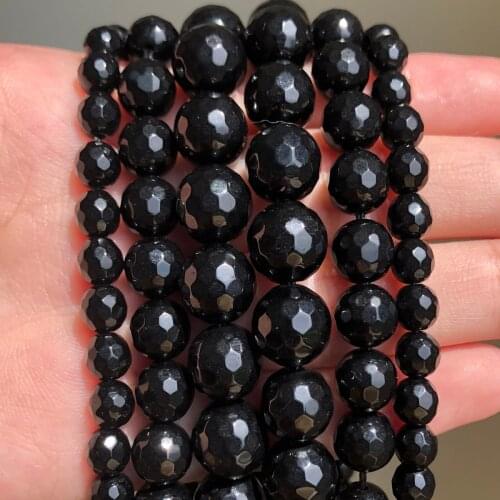 Natural Stone Beads Faceted Black Agates Round Loose Beads For Jewelry Making 15"Pick Size 4 6 8 10 12 mm DIY Bracelet Necklace