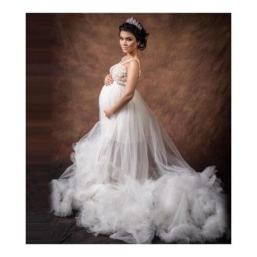 Elegant White Tulle Pregnancy Dresses With Straps Lace Beaded Extra Puffy Ruffles Sheer Women Maternity Gowns For Photo Shoo