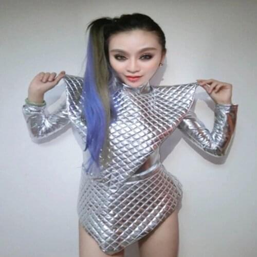 Patchwork Space Costume Ds Show Clothe Atmosphere Flying Sleeves Bodysuit Dance Costumes Reflective Silver Shiny Piece Suit