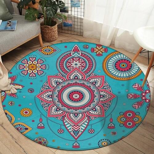Mandal Carpet Flannel Computer Chair Floor Mat Mandala Printing Round Carpet LivingRoom Carpet Game Tent Bedroom Round Blue Area
