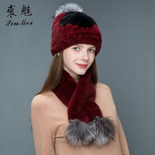 Girl Fashion Winter Hat & Scarf Set For Women Girls Warm Beanies Scarf Pompoms Real Fur Hats Knitted Caps And Scarf 2 Pieces/Set