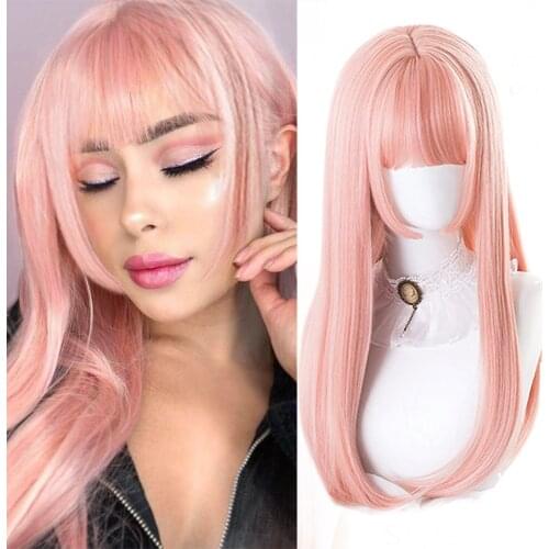 HOUYAN Long straight hair pink gray synthetic wig female heat-resistant with bangs used as cosplay Lolita