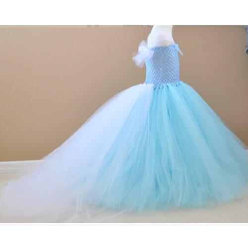 Girls Blue Trailing Tutu Dress Kids Fluffy Crochet Long Tulle Tutus Ball Gown with Veil Shoulder Children Wedding Party Dresses