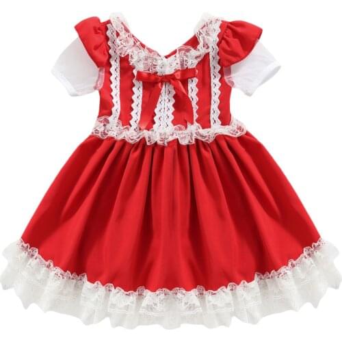 2021 1-6YToddler Baby Girls Red Princess Dress Flower Lace Bow Patch Puff Short Sleeve V Neck Tunic Pleated Tutu Dress For Party