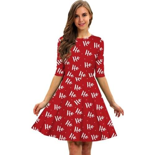Christmas Womens A-line Dress Round Neck Long Sleeve High Waist Festive Ladies Clothing Fashion Casual