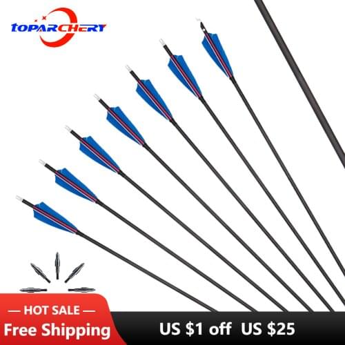Toparchery 32inch Pure Carbon Arrow Hunting Arrows Archery With Removable Tips Spine 350 For Compound & Recuve Bow (6/12pcs)