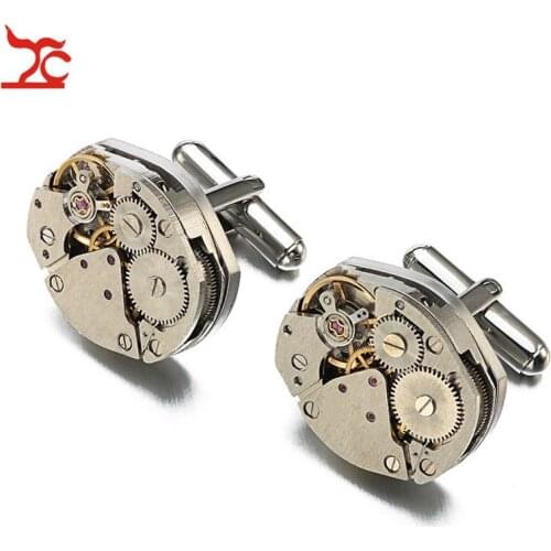 Trendy Watch Movement Cufflinks Hexagon Metal Immovable Steapmpunk Gear Watch Mechanism Cuff Lkinks For Mens Relojes Gemelos