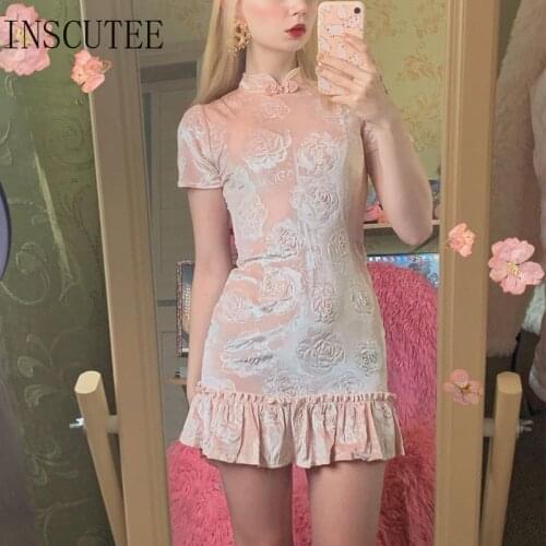 Inscutee Cottagecore Vintage Pink Cheongsam Dress Women Chinese Style Y2k Sweet Short Sleeve Velvet Dress Fairycore Partywear