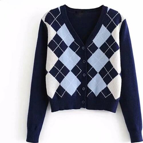 Women Cardigan Knit Sweater Vintage Stylish Geometric Pattern Slim Crop Top Fashion V-Neck England Style Long Sleeve Outerwear