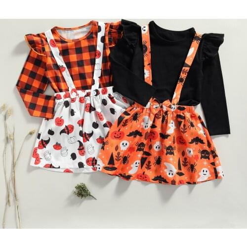 1-5Y Toddler Girls Halloween Clothes Set Solid Color O-Neck Long Sleeve Pullover + Ghost Print Suspender Skirt 2 Pieces Outfits