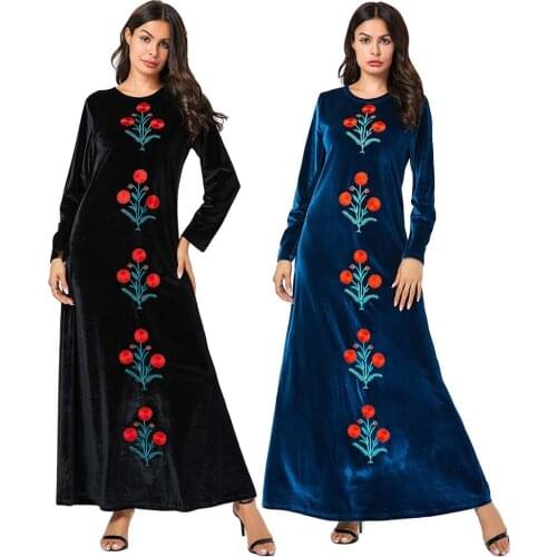 Fashion New Women Embroidery Floral Abaya Muslim Long Dress Velvet Jilbab Kaftan Robe Gown Dress Long Sleeve O-neck Autumn Dress