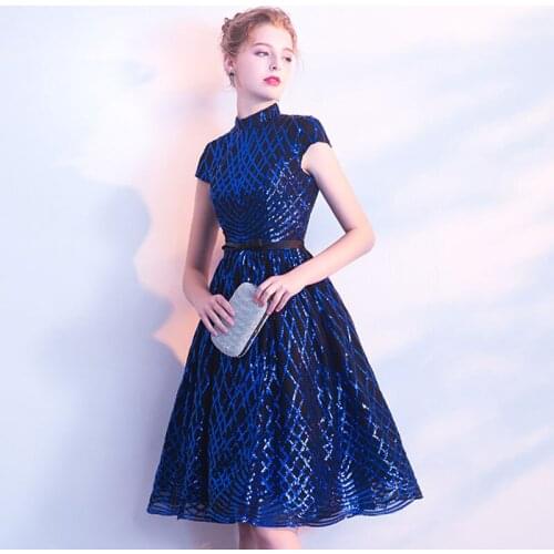 Royal Blue Vestido De Fiesta De Coctel Corto Bling Bling Sparkle Lace Short Sleeves Prom Gowns High Neck Cocktail Party Dresses