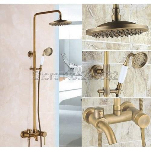 Antique Brass Rain Shower Faucet Set Tub Spout Mixer Tap W/ Hand Shower Wall Mounted Shower lrs186