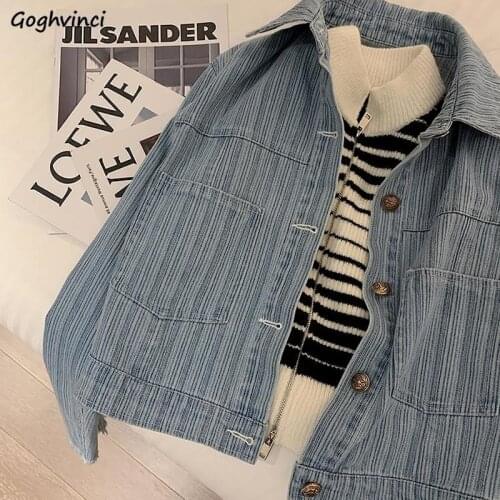 Basic Jackets Women High Street Striped Pockets Females Denim Cropped Tops Vintage Bleach Korean Style Frayed Spring Simple Ins