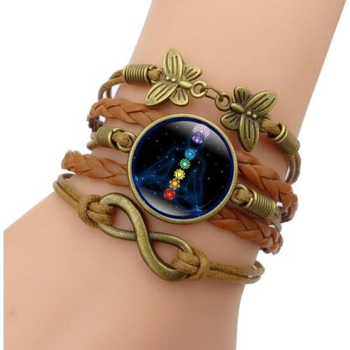 India Yoga Seven Chakra Jewelry with Bronze Plated Glass Cabochon Charm Bracelet Bangle for Women Gift