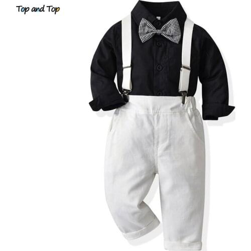 Top and top New Kids Boy Clothes Set Boys Gentleman Long Sleeve Shirts with Bowtie+Suspenders Pants Suits for Wedding Party