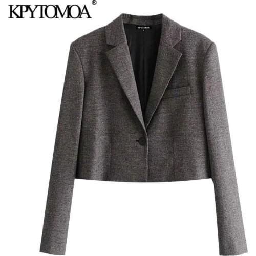 KPYTOMOA Women 2021 Fashion Single Button Cropped Check Blazer Coat Vintage Long Sleeve Female Outerwear Chic Veste Femme